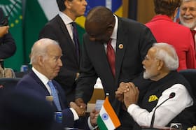President Joe Biden, South African President Cyril Ramaphosa and Indian Prime Minister Narendra Modi greet one another at the Group of 20 summit in Rio de Janeiro.